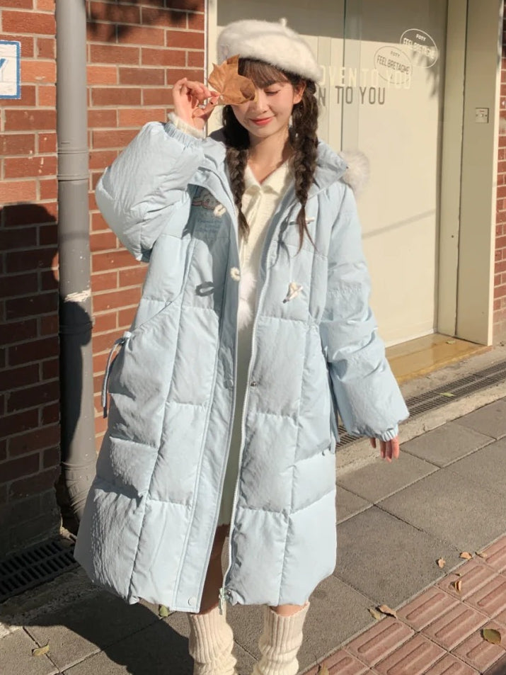 Blue Cute Lamb Applique Bowknot Details Hooded Down Coat Long Version