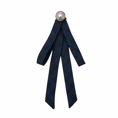 Navy Blue Plaid Bow Tie with Bead Detail
