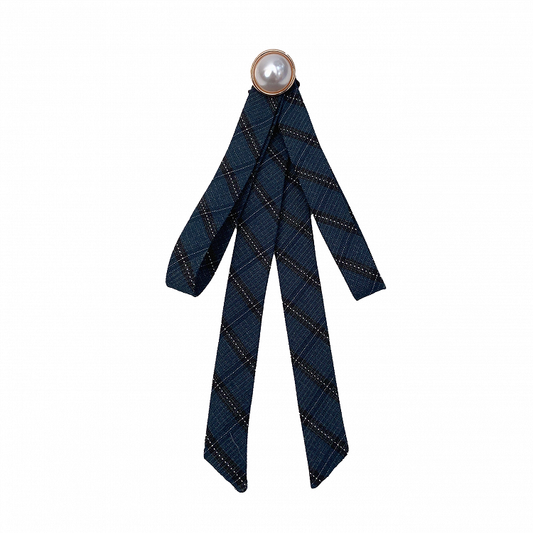 Navy Blue Plaid Bow Tie with Bead Detail