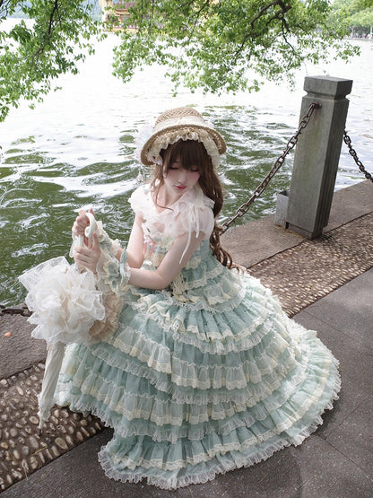 und Goldfisch-Kleid mit verstellbaren Trägern und Lolita-Rüschen, grün, mehrlagige süße Stickerei