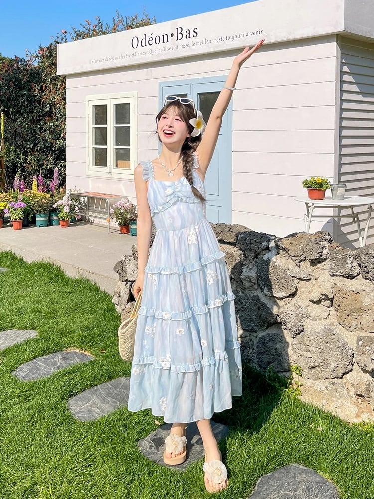 Floral Embroidery Tiered Blue Chiffon Flutter Skirt Sleeves Sleeveless Dress