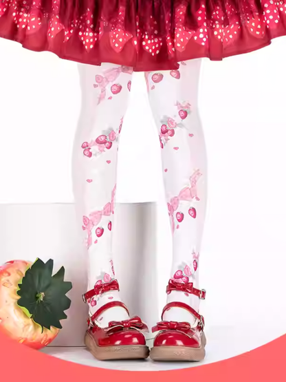 Bas Lolita roses à imprimé fraises et nœuds