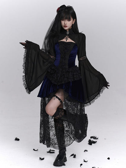 Cutouts Lace-Trimmed Elegant with Bell Crop Black Halloween Sleeves Elbow Shrug Gothic