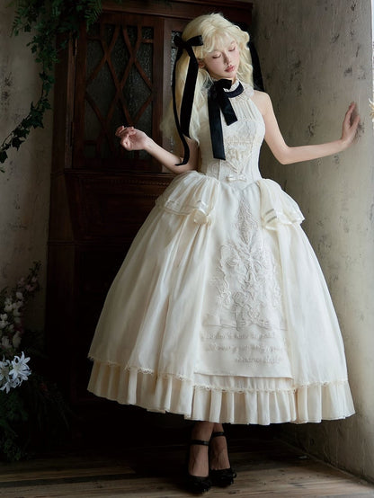 Lolita Halter Creamy Detail Embroidery Classic Delicate Backless Neck Dress