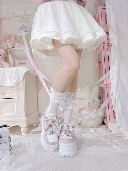 Chaussures à plateforme Jirai Kei en strass roses avec chaîne de perles amovible