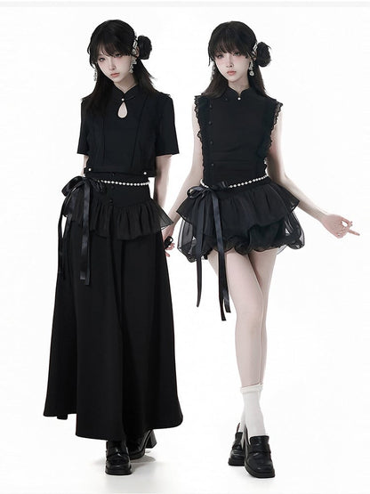 Black Cheongsam Collar Bead Details Short Sleeves Top