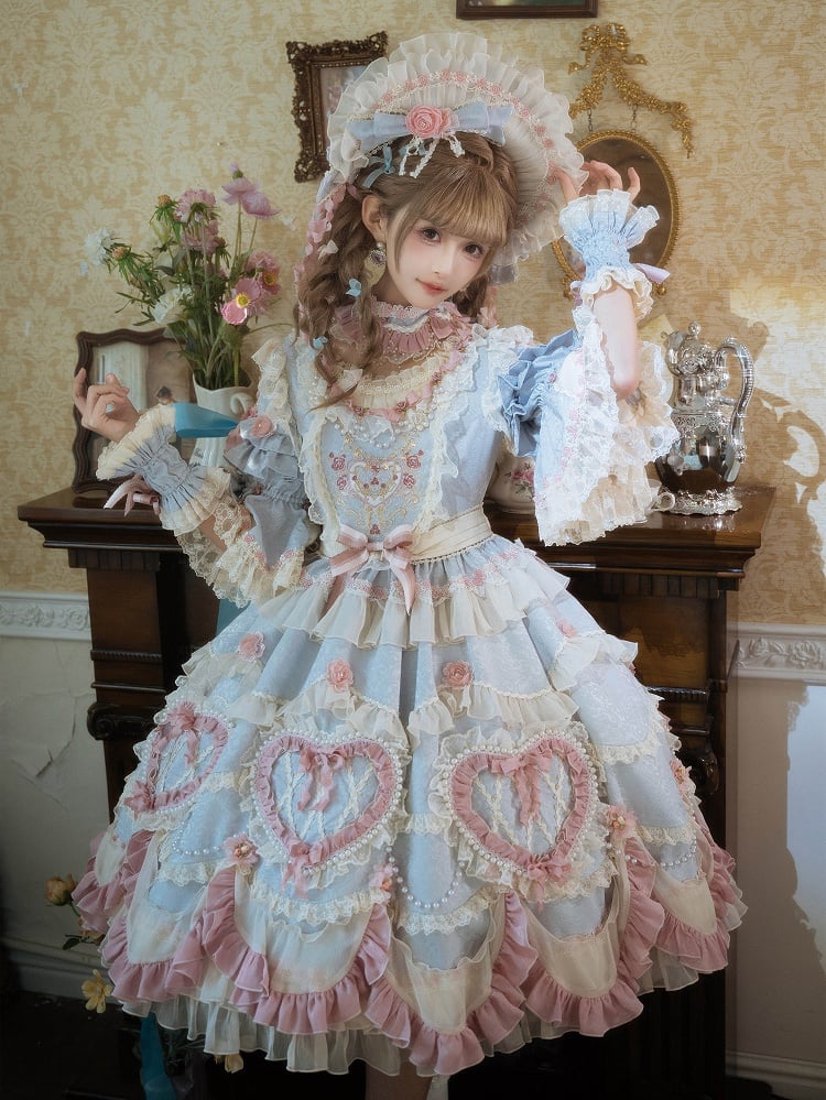 Light Gray Hanayome Rosette Embroidery Floral and Bead Chain Details Lolita OP Full Set