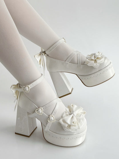 White Lolita Lace Bowknot  Fork Embroidery Platform Block High Heels