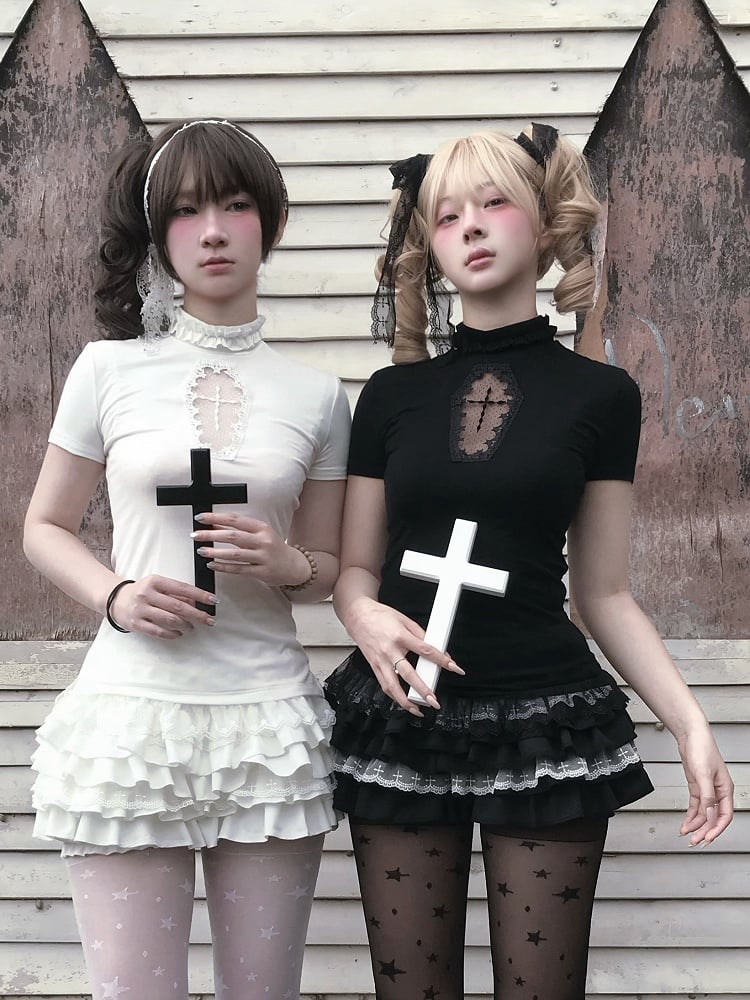 Gestufter Cross Skort Gothic Schwarz/Weiß Elastische Taille Spitzenbesatz Pumphose