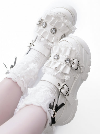 Platforms Heart Cross Rhinestone White Ruffles Charm Details Trim Bittersweet