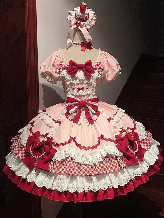 Robe Lolita Sweet Lolita à jupe à volants décorée de nœuds papillons roses et rouges