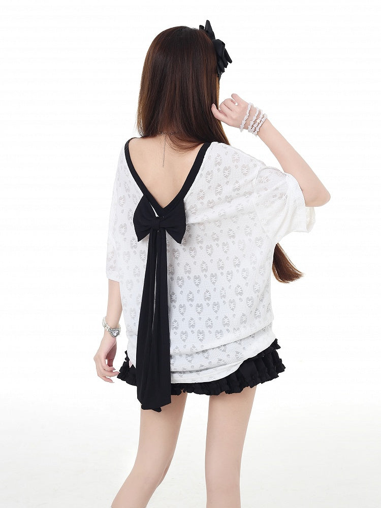 Back Bowknot Print Big Backless T-Shirt Bow White Semi-sheer