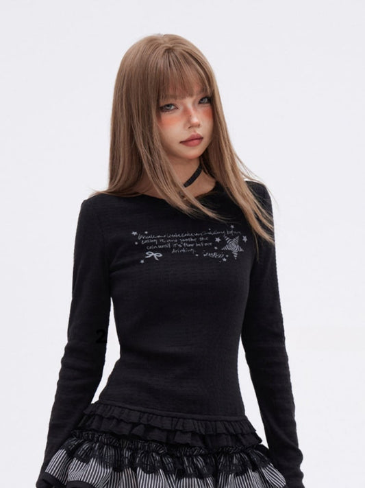 Black Round Neck Tiered Ruffle Trim Slim-fitting Printed Top
