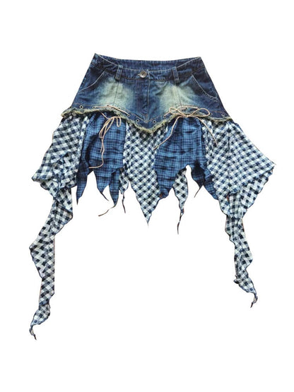 Punk Denim Patchwork Skirt with Lace-Up  Plaid Asymmetrical Hem Blue