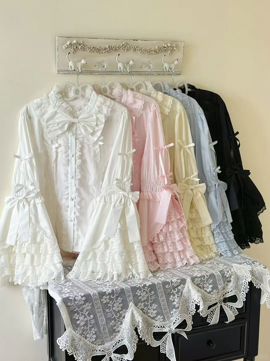 Blau Rosa Bluse Glockengröße Weiß / Lolita Ärmel Plus Aprikose Schwarz