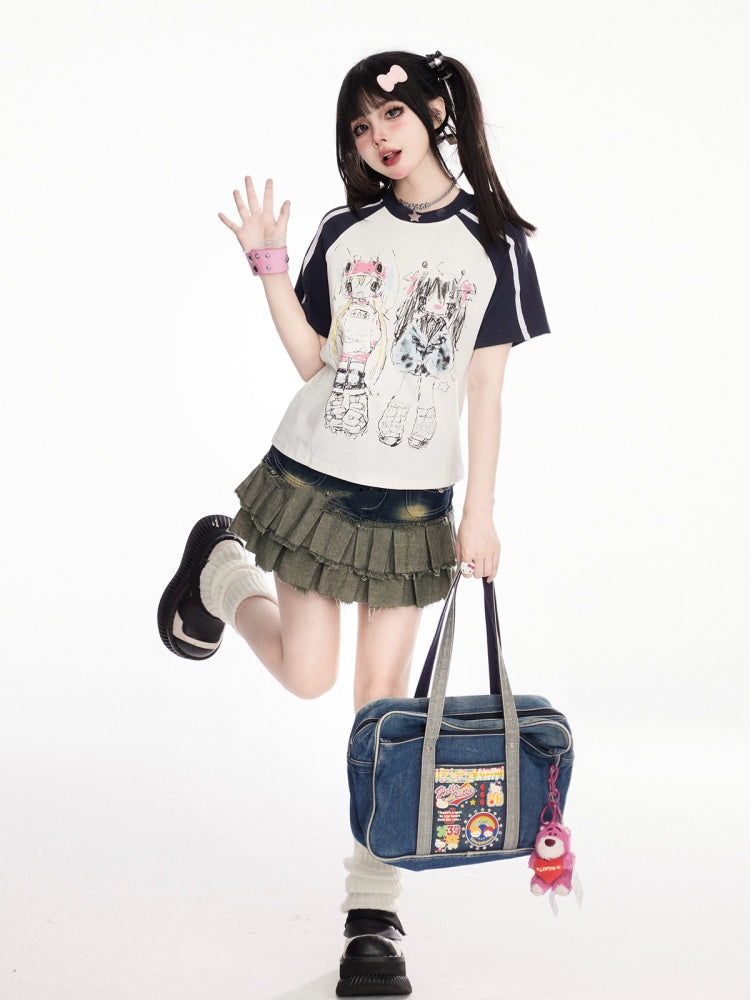 and Black White Design Colorblock Print T-Shirt Anime Graffiti