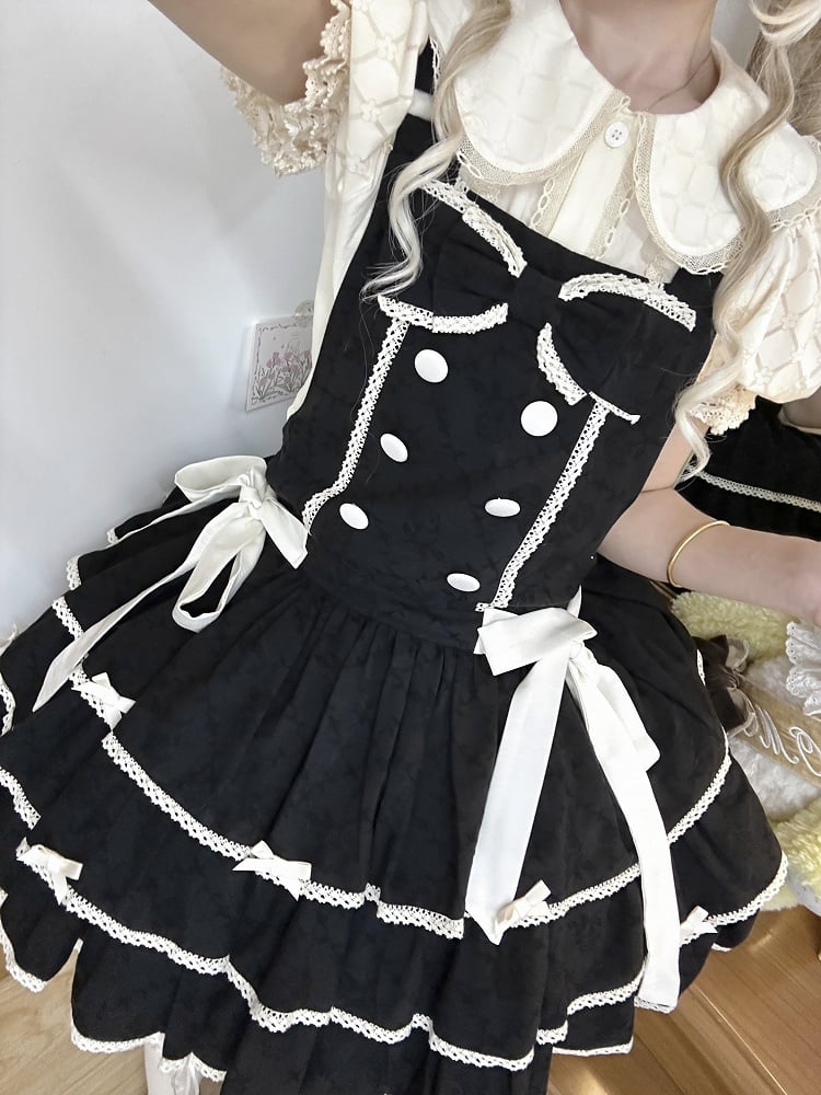 Double-Breasted Black Trim Sweet with Lolita Overall Buttons White Lace Dress and