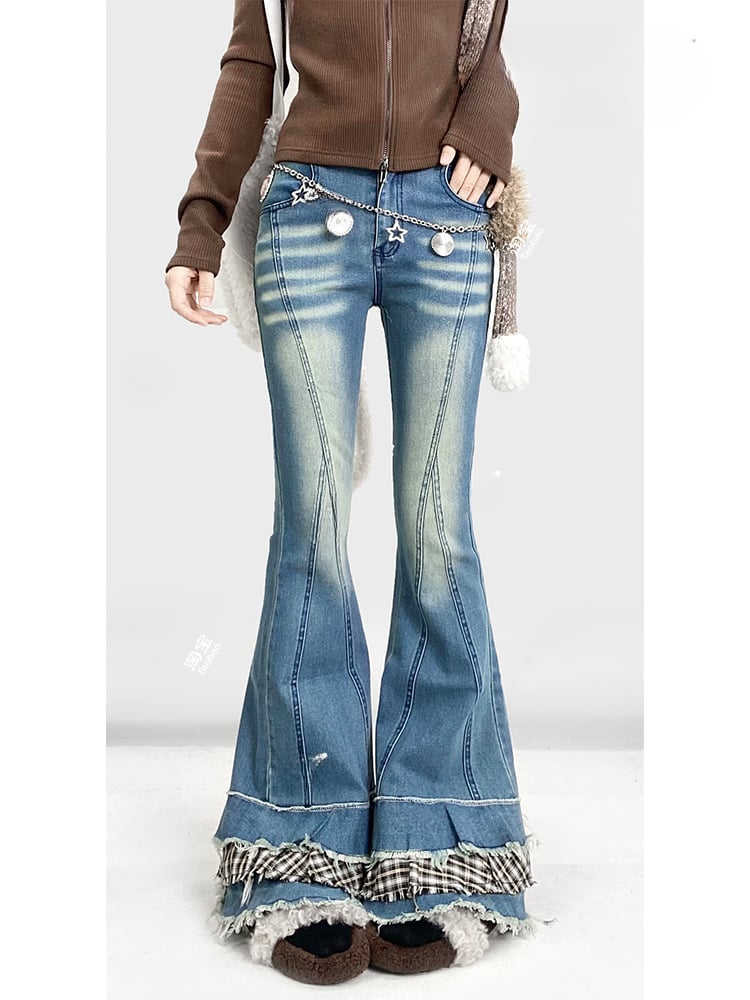 Blue Denim Flared Jeans with Plaid Trim