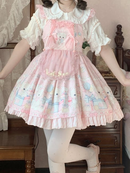 Pink Kitty and Polka Dots Pattern Sweet Lolita Overall Dress