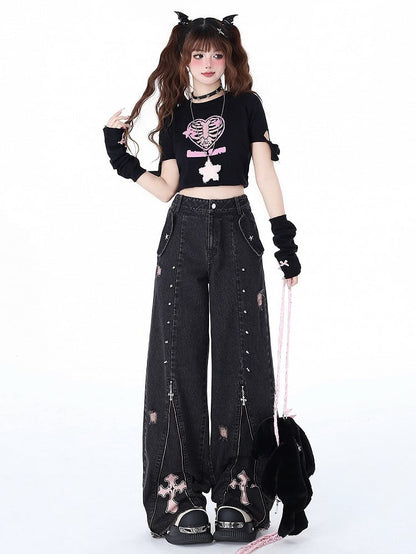 Waist Black Detail Jeans Punk Design Studs Zips High