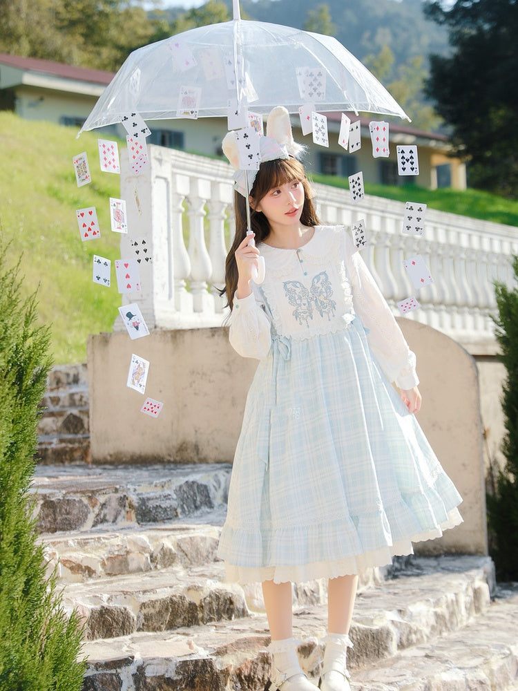 Robe Mori Kei brodée de papillons à carreaux bleus et blancs, style Alice au pays des merveilles