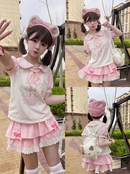 Tie T-Shirt Ears Heart Bunny Pink  White Peter Pan Collar Bunny