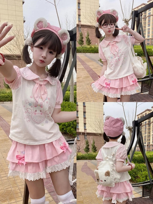 Tie T-Shirt Ears Heart Bunny Pink  White Peter Pan Collar Bunny