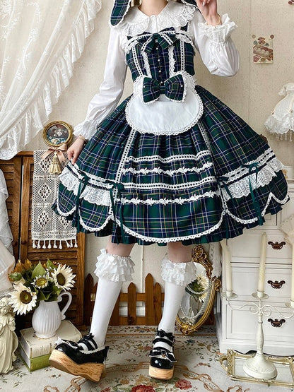 Accents Skirt Jumper Trim Plaid Bow Scalloped Sweet Edge Green with Lolita