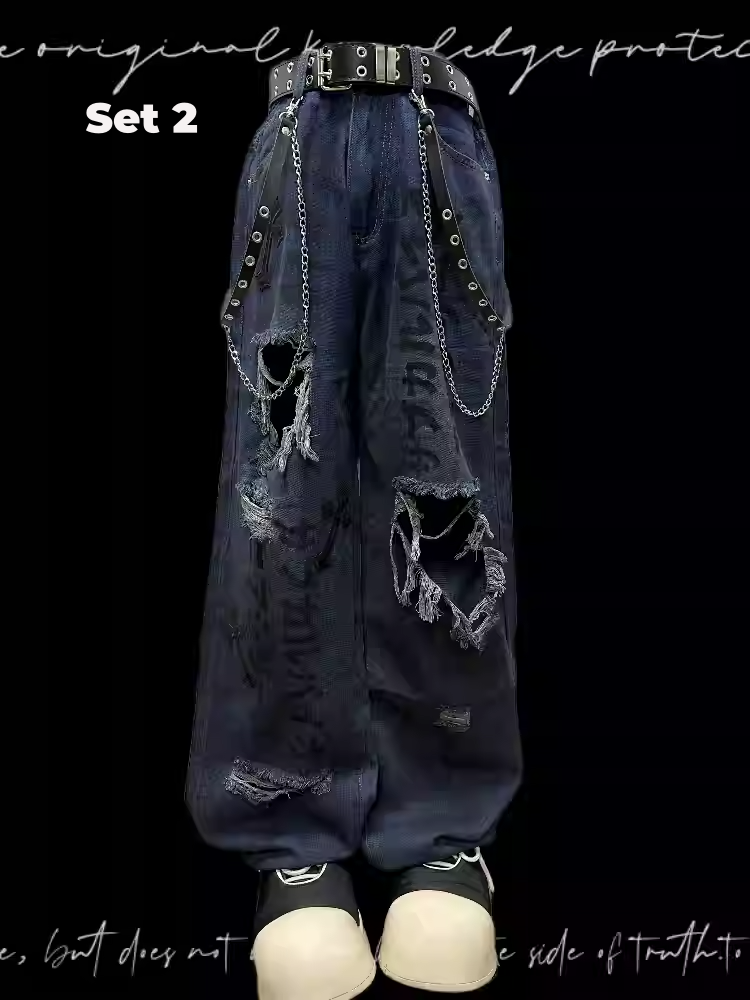 Raw Hem Punk Jeans Blue Distressed Holes