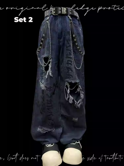 Raw Hem Punk Jeans Blue Distressed Holes