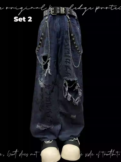 Raw Hem Blau Distressed Löcher Jeans Punk
