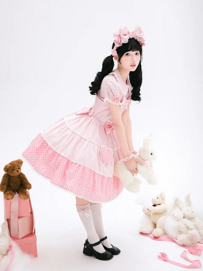 Cotton Old Polka Pink Dots School Dress Lolita White