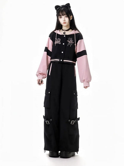 Black Elastic Waist Buckle Straps Cargo Pants