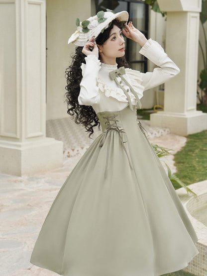 Spring Sleeves Ruffle Neckline Fake Lolita Dress Light Green Long Design and Classic Two-pieces Beige