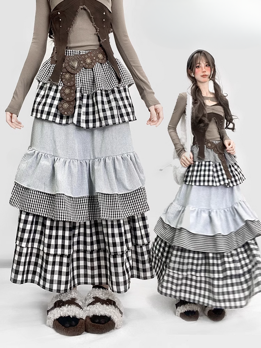 Y2K Black and White Plaid Ankle Length Tiered Skirt