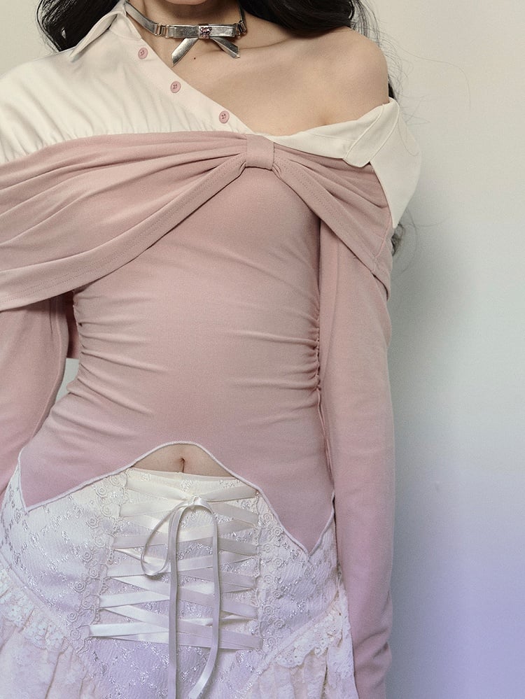 Pink and White Fake Two-piece Asymmetrical Neckline Top