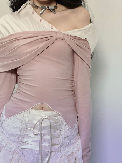 Pink and White Fake Two-piece Asymmetrical Neckline Top