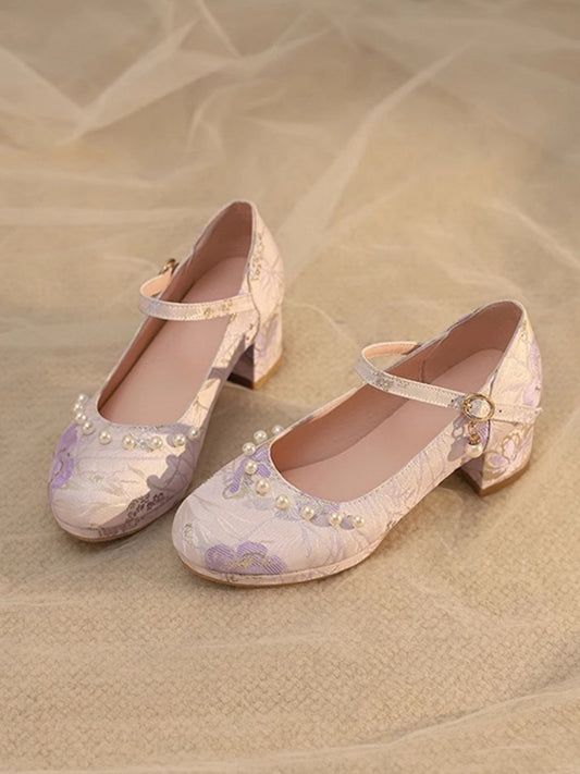 Purple Embellishments Lolita Mid-heels Floral Qi Beads with