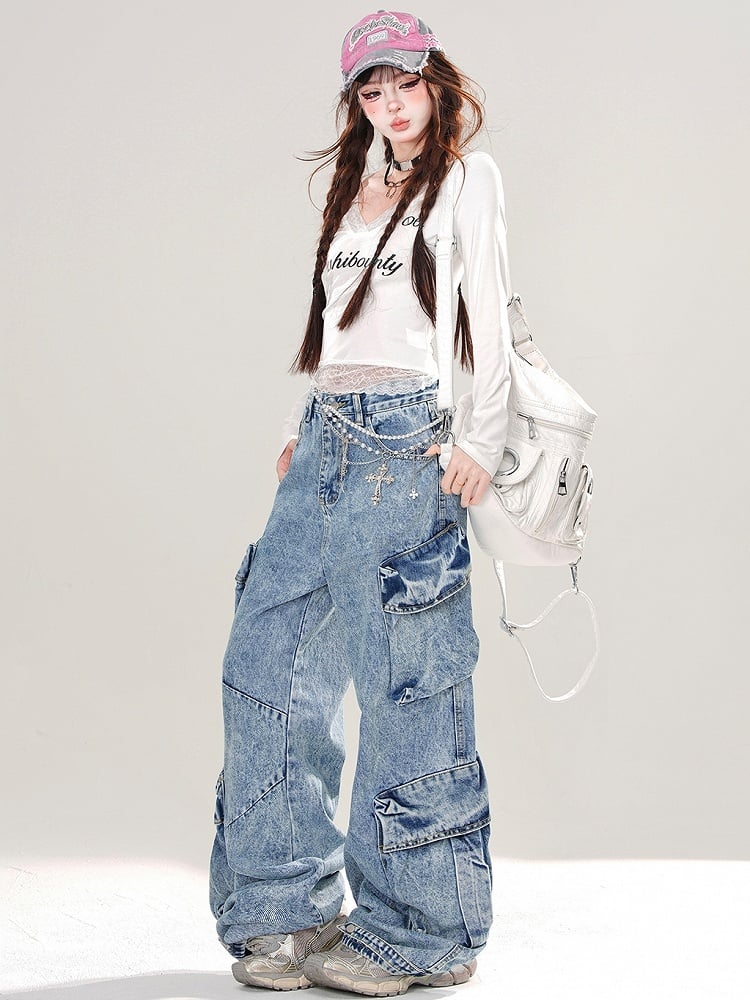 Blue Cargo Pockets Design Wide-leg Cut Jeans