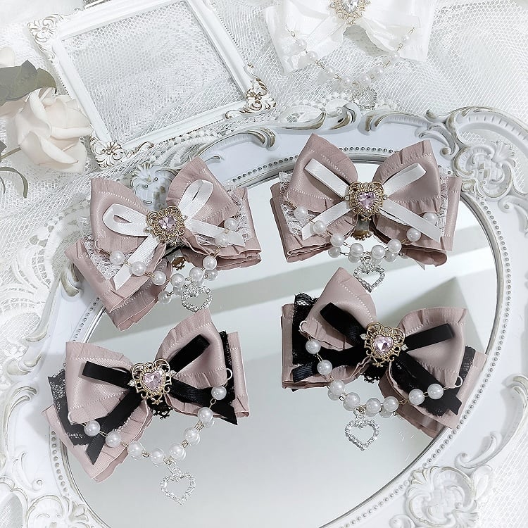 Jirai Kei Sweetheart Beaded Chain and Rhinestone Adorned Bowknot Hairclips