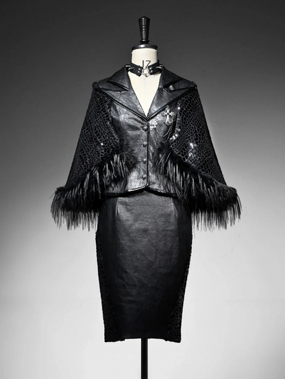 Black Sharp Angle Notched Collar Office Lady Fluffy Hemline Cape Blazer