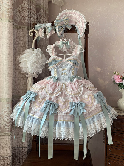 Mint Green Bows Pink and Blue Sweet Lolita Corset Dress with Choker
