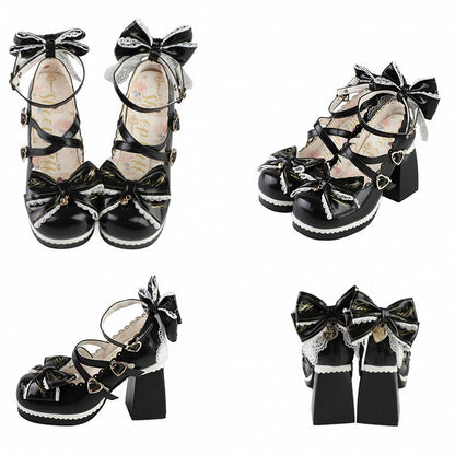 Crisscross Design Heels Bow High Top Block Black Heart Buckles Detachable at