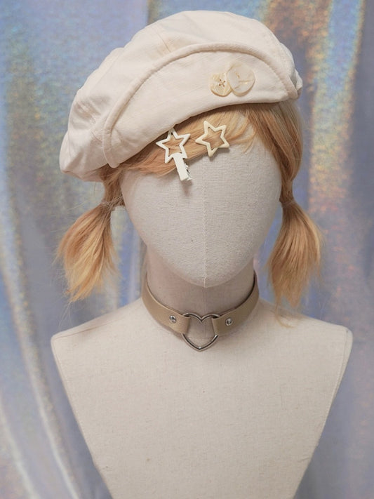 Beret Hat Beige Decorated Button