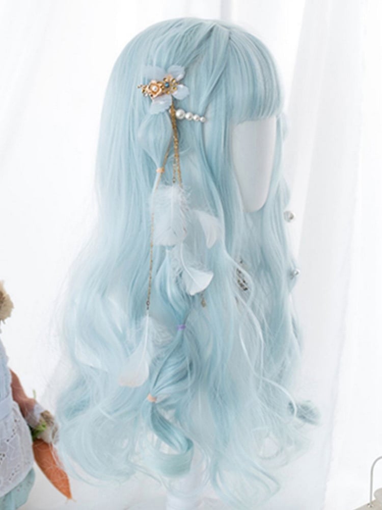Light Blue 60CM Under Bust Length Wavy Wig With Bangs
