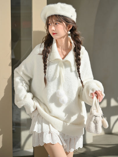 Pompons Decorated Pullover White Sweater