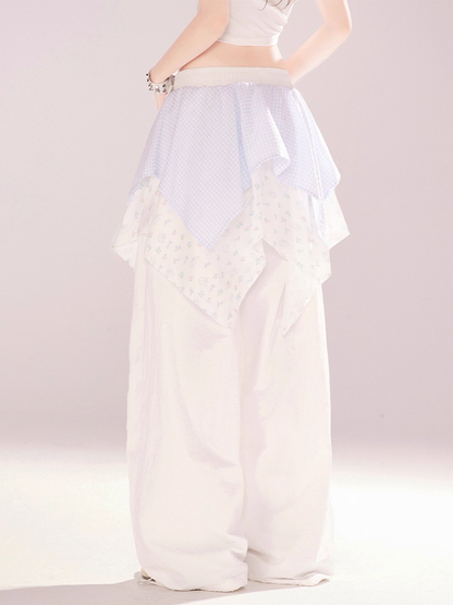 Two-pieces Waist Handkerchief Hem Wide-leg Pants White Low Faux