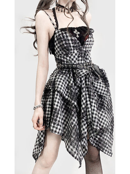 Glamorous Tiered Cross Top Plaid Details Bittersweet + Red Skirt Dye Black Tie Set- Dress Cami