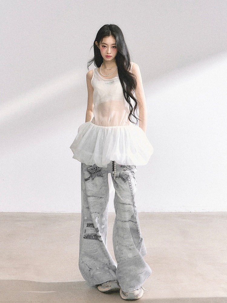Light Gray Low Rise Chain Print Distressed Wide-leg Jeans