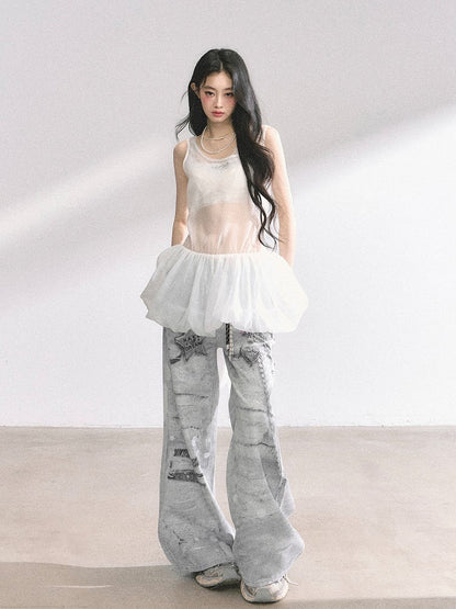 Backless Mesh Bubble Overtop White Self-tie Bow Back